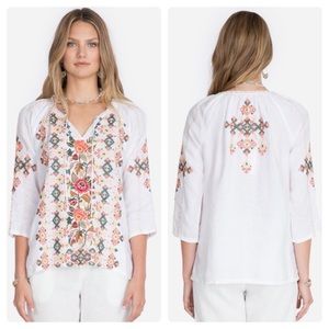 Johnny Was Chandra White Linen Peasant Blouse. Medium